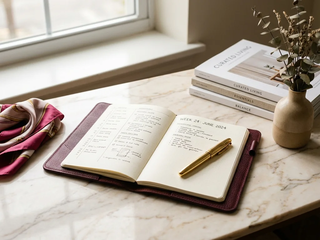 Accessoires de mode élégants et agenda organisé sur un marbre clair, illustrant la sérénité quotidienne.