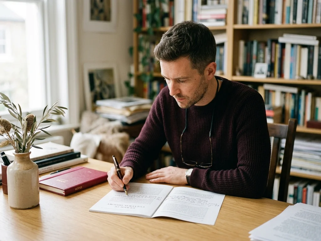 Portrait d'Arthur Foucher en plein travail de rédaction, illustrant l'expertise éditoriale de Zen et Organisée.