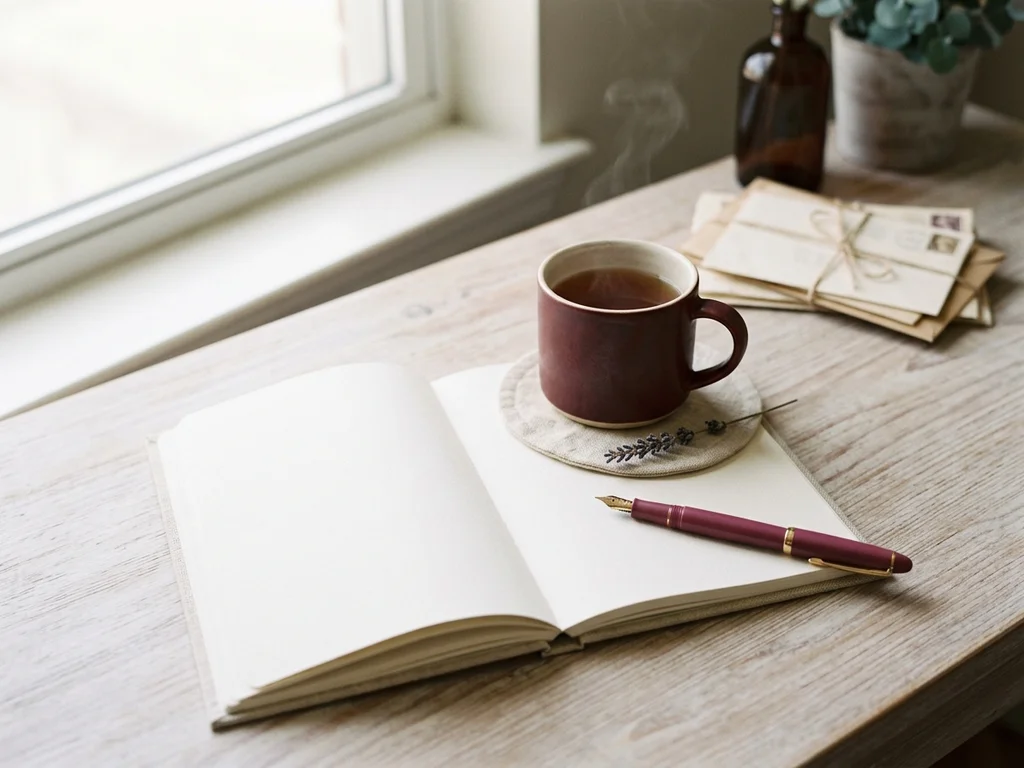 Bureau calme avec carnet et thé chaud, créant une atmosphère propice aux échanges.