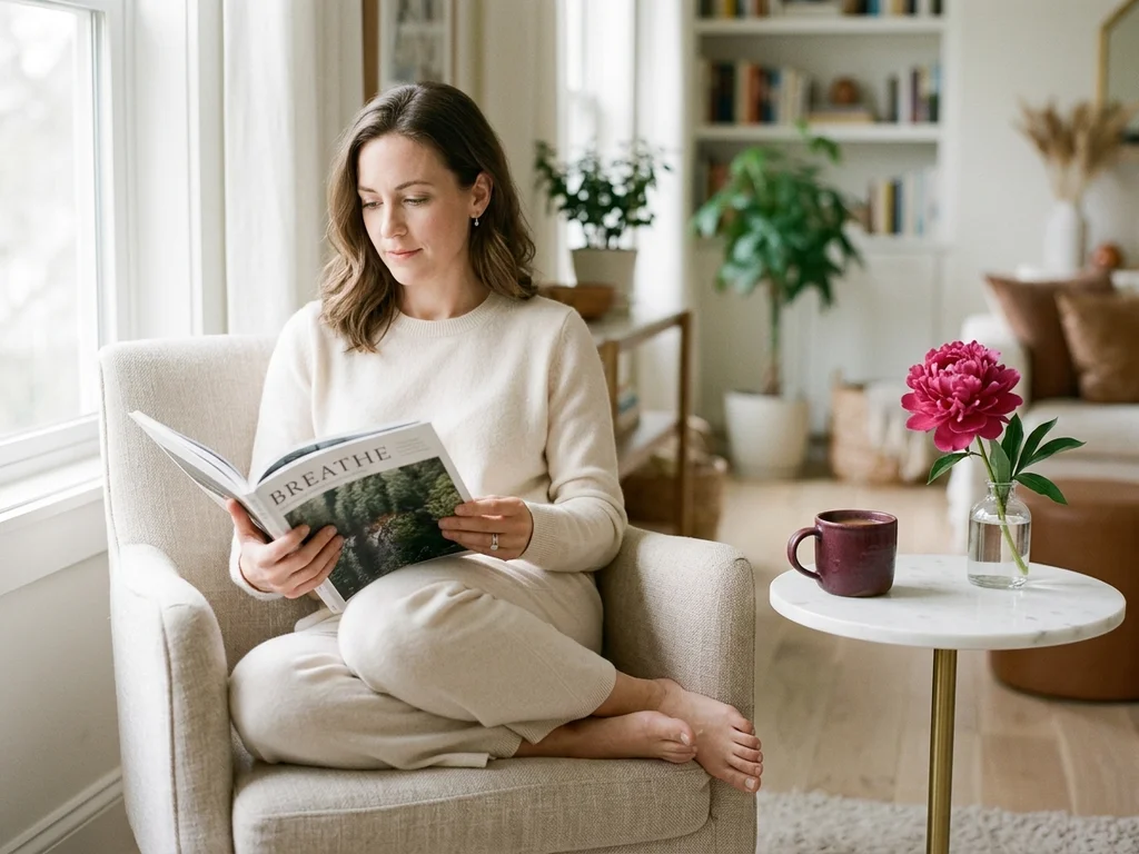 Une femme sereine lit un magazine dans un salon lumineux, illustrant l'organisation et le bien-être.