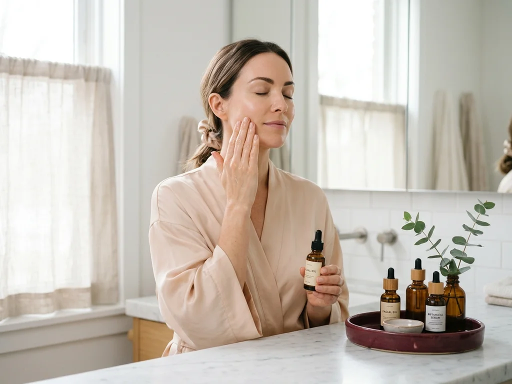 Une femme sereine applique un soin naturel, illustrant une routine de bien-être organisée et apaisante.